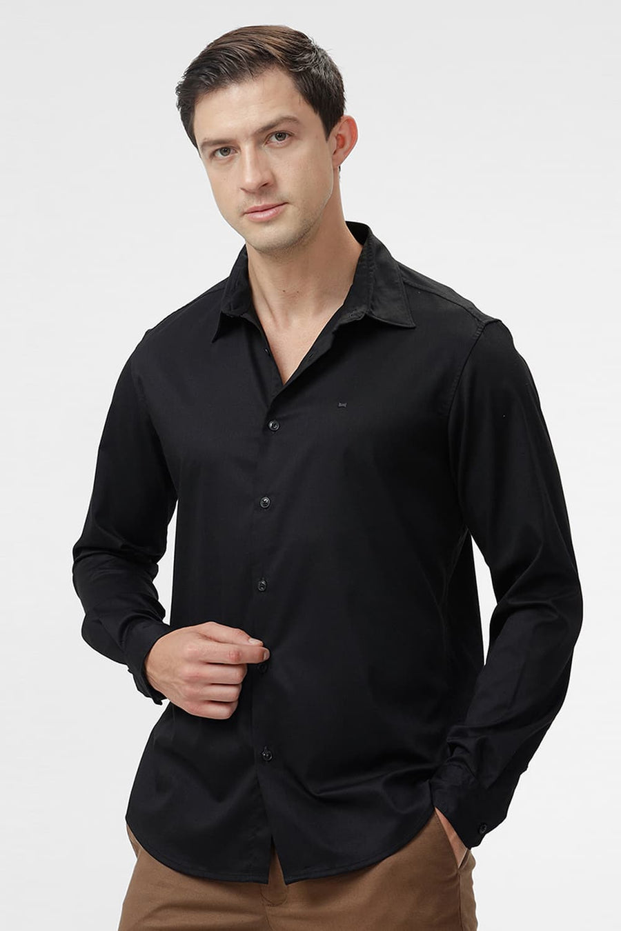 BASICS SLIM FIT BRISTOL BLACK BAMBOO POLYESTER STRETCH SHIRT