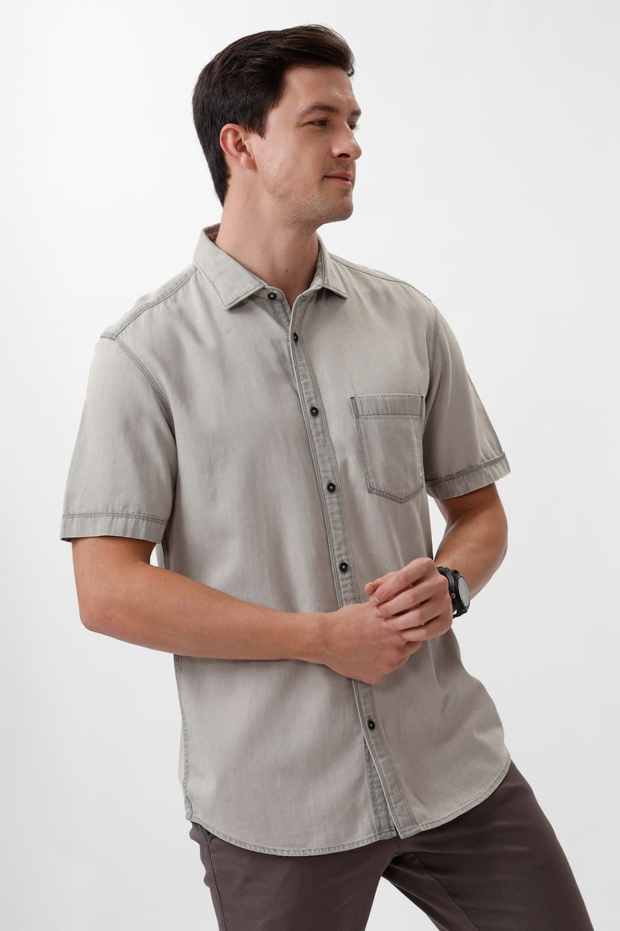 BASICS SLIM FIT BLACK ICE COTTON SULPHUR HALFSLEEVES SHIRT