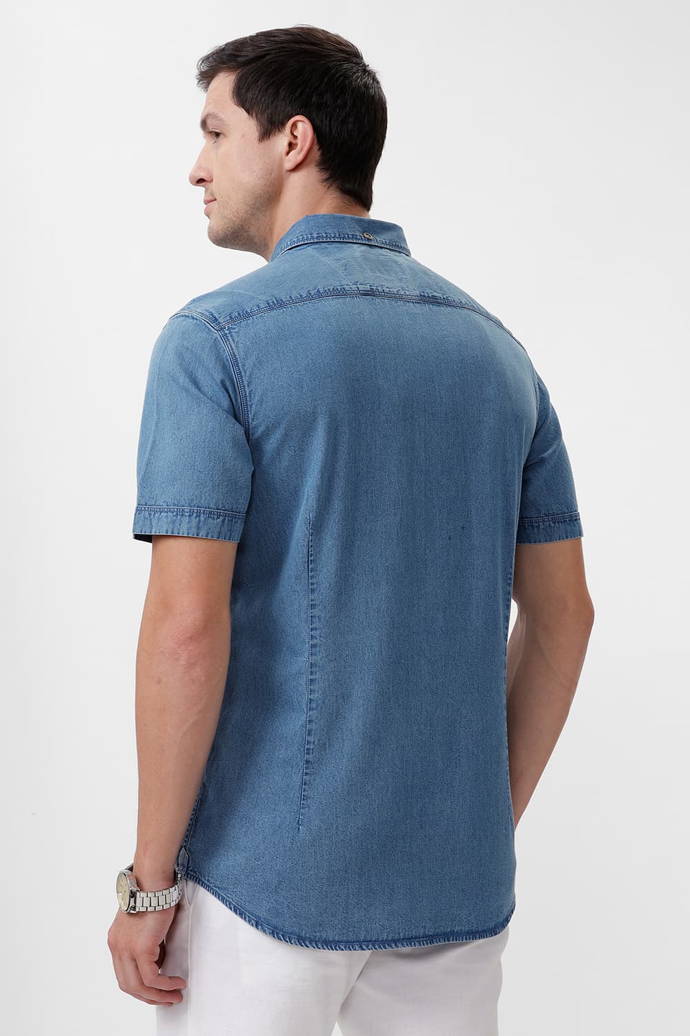SLIM FIT COTTON INDIGO HALFSLEEVES SHIRT