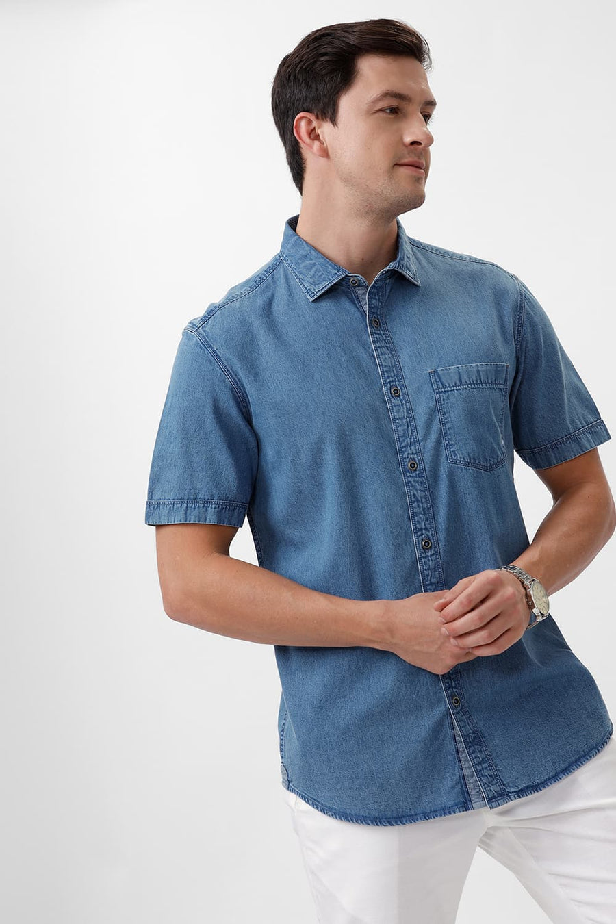 BASICS SLIM FIT BLUE HEAVEN COTTON INDIGO HALFSLEEVES SHIRT