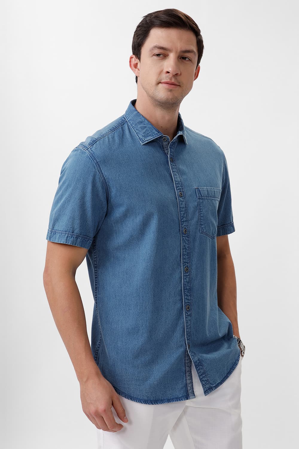 SLIM FIT COTTON INDIGO HALFSLEEVES SHIRT