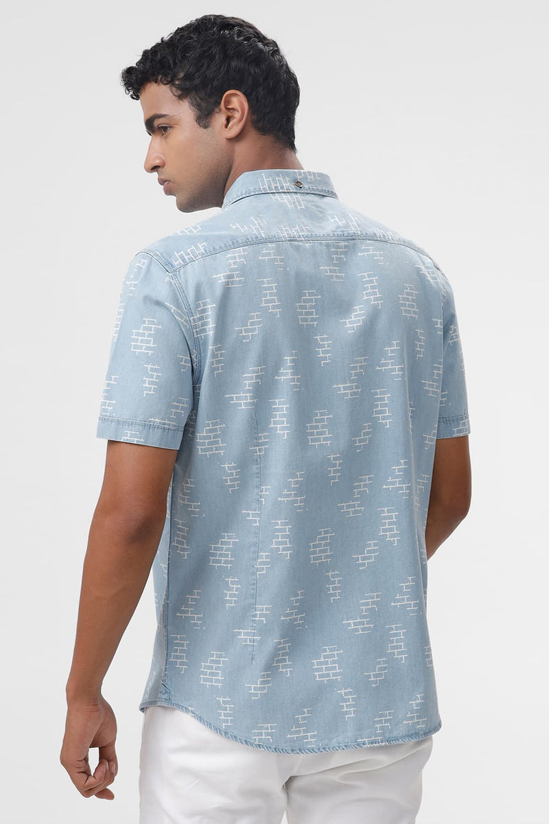 SLIM FIT COTTON INDIGO PRINT HALFSLEEVES SHIRT