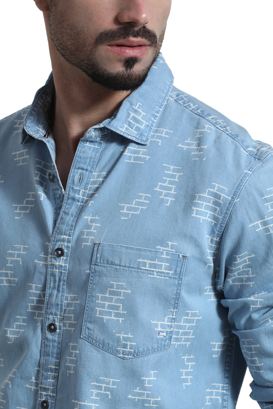BASICS SLIM FIT WINTER BLUE COTTON INDIGO PRINT SHIRT