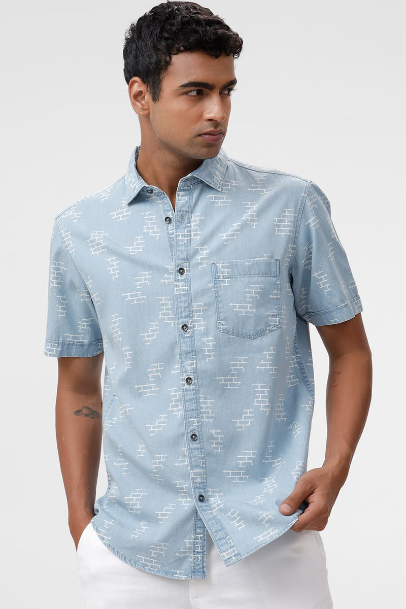 SLIM FIT COTTON INDIGO PRINT HALFSLEEVES SHIRT