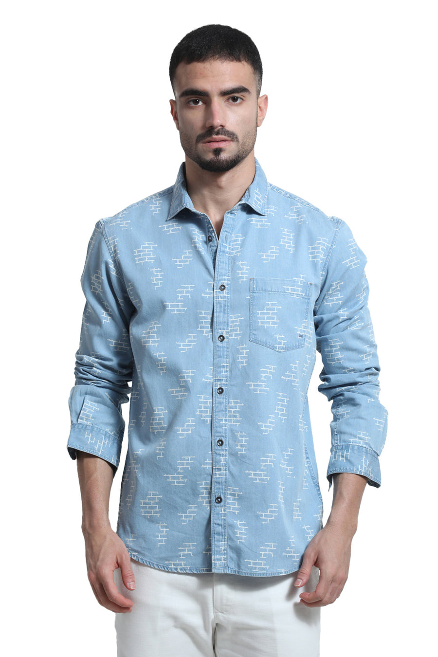 BASICS SLIM FIT WINTER BLUE COTTON INDIGO PRINT SHIRT