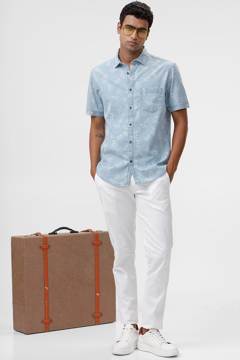 SLIM FIT COTTON INDIGO PRINT HALFSLEEVES SHIRT