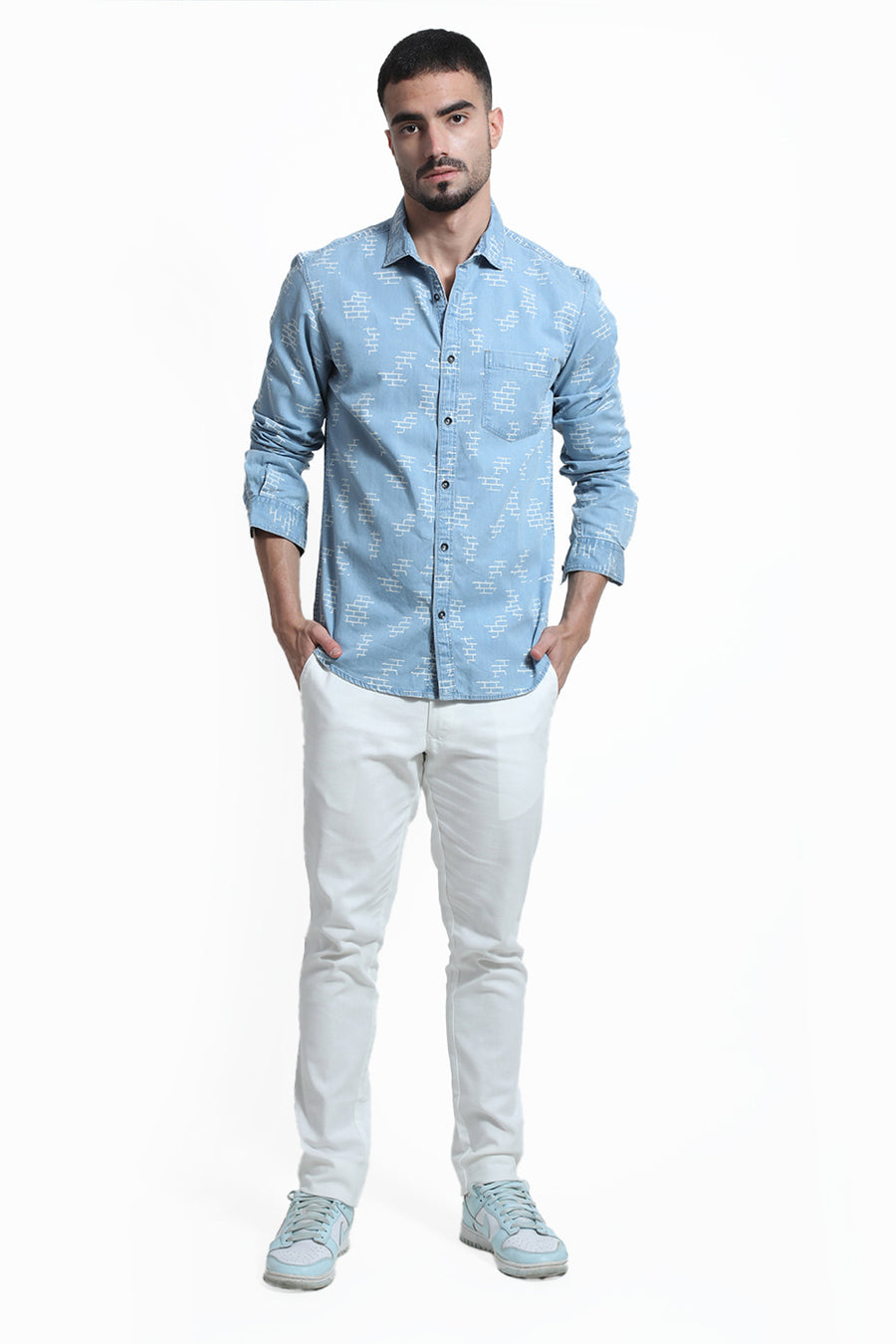 BASICS SLIM FIT WINTER BLUE COTTON INDIGO PRINT SHIRT