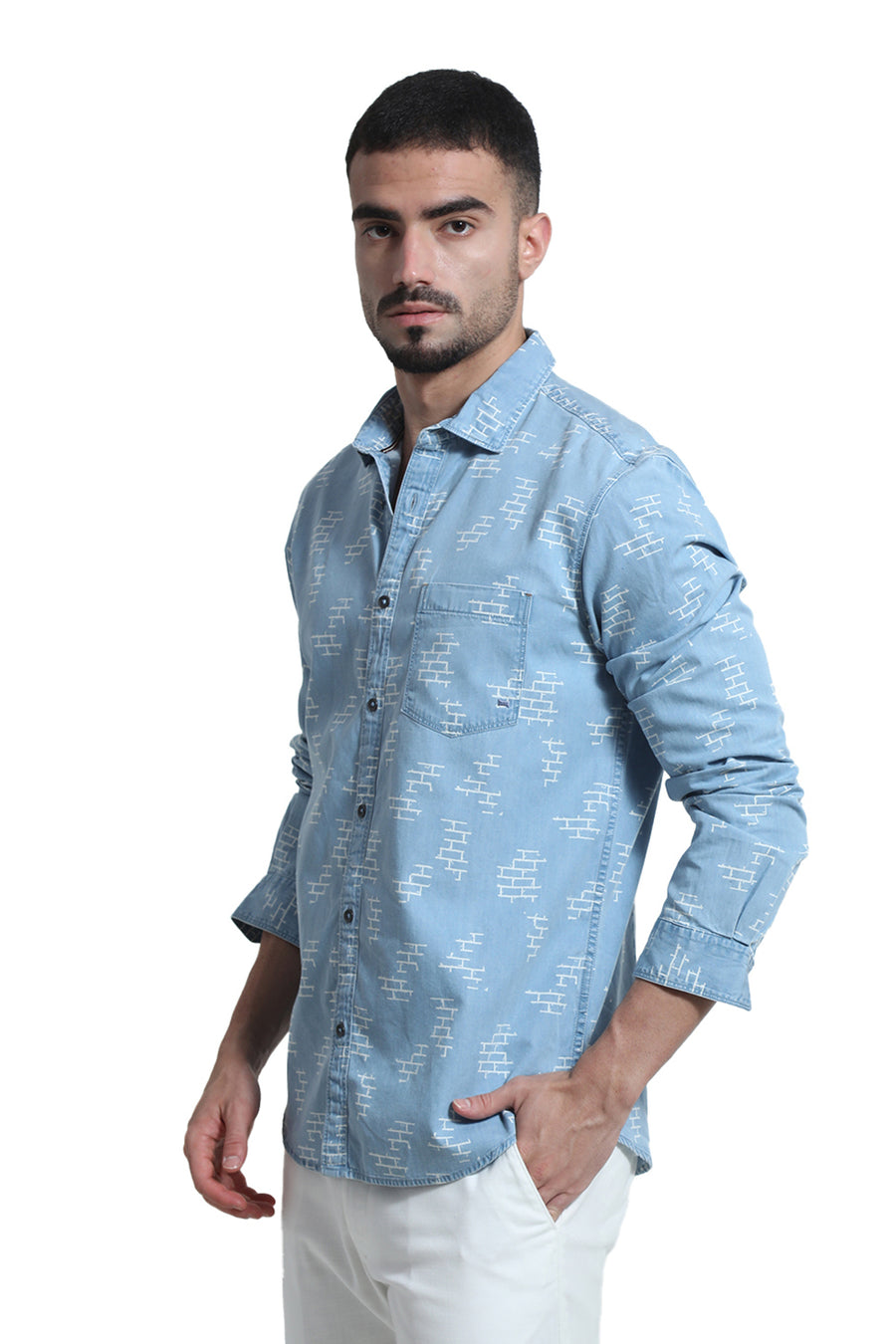 BASICS SLIM FIT WINTER BLUE COTTON INDIGO PRINT SHIRT
