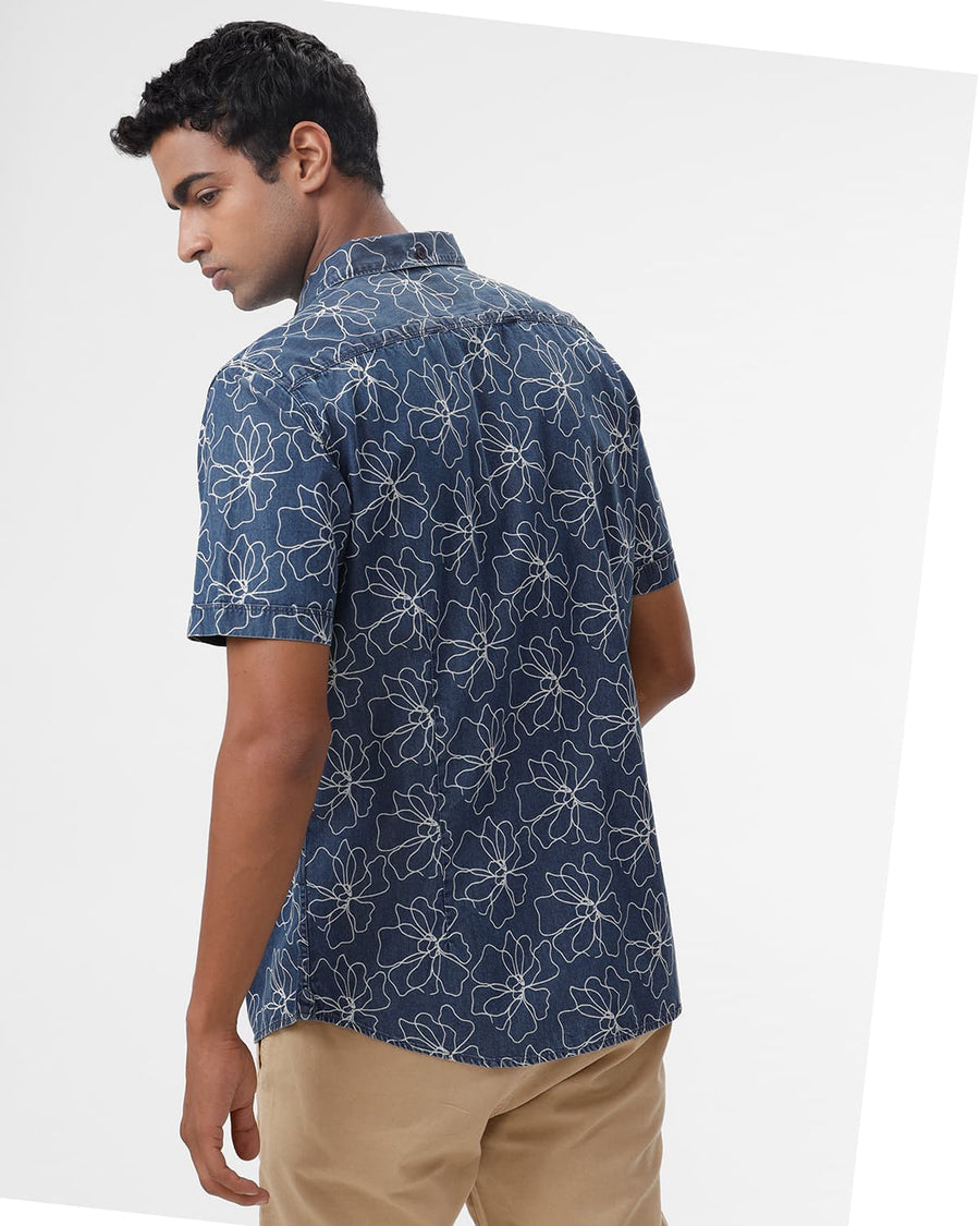 BASICS SLIM FIT BLUE SEA COTTON INDIGO PRINT HALFSLEEVES SHIRT