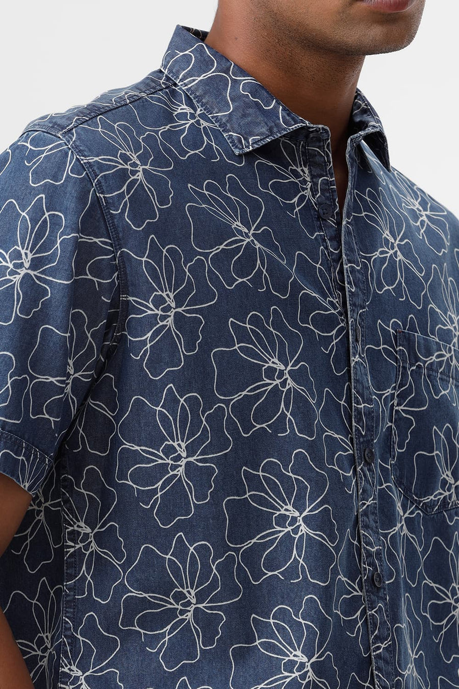 BASICS SLIM FIT BLUE SEA COTTON INDIGO PRINT HALFSLEEVES SHIRT