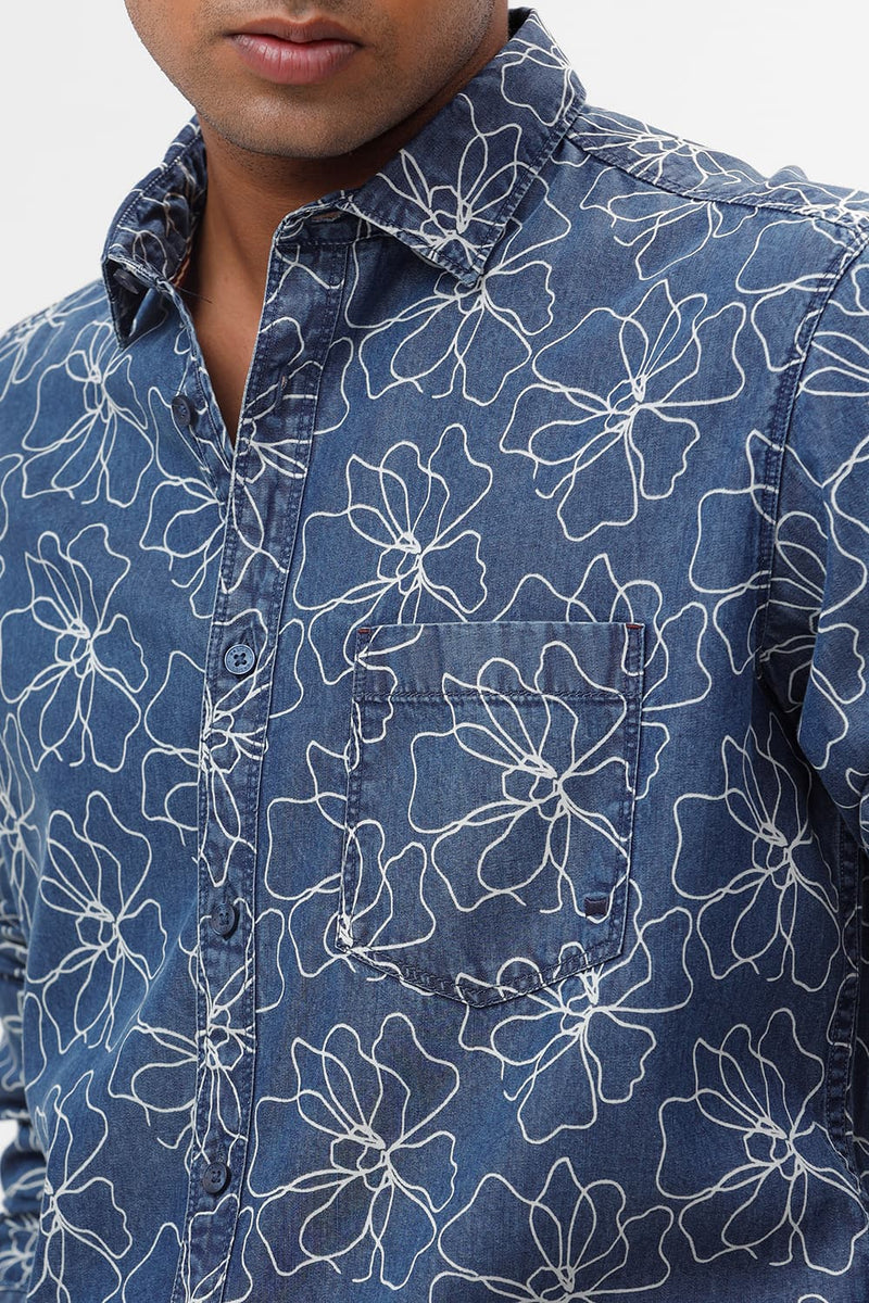 SLIM FIT COTTON INDIGO PRINT SHIRT