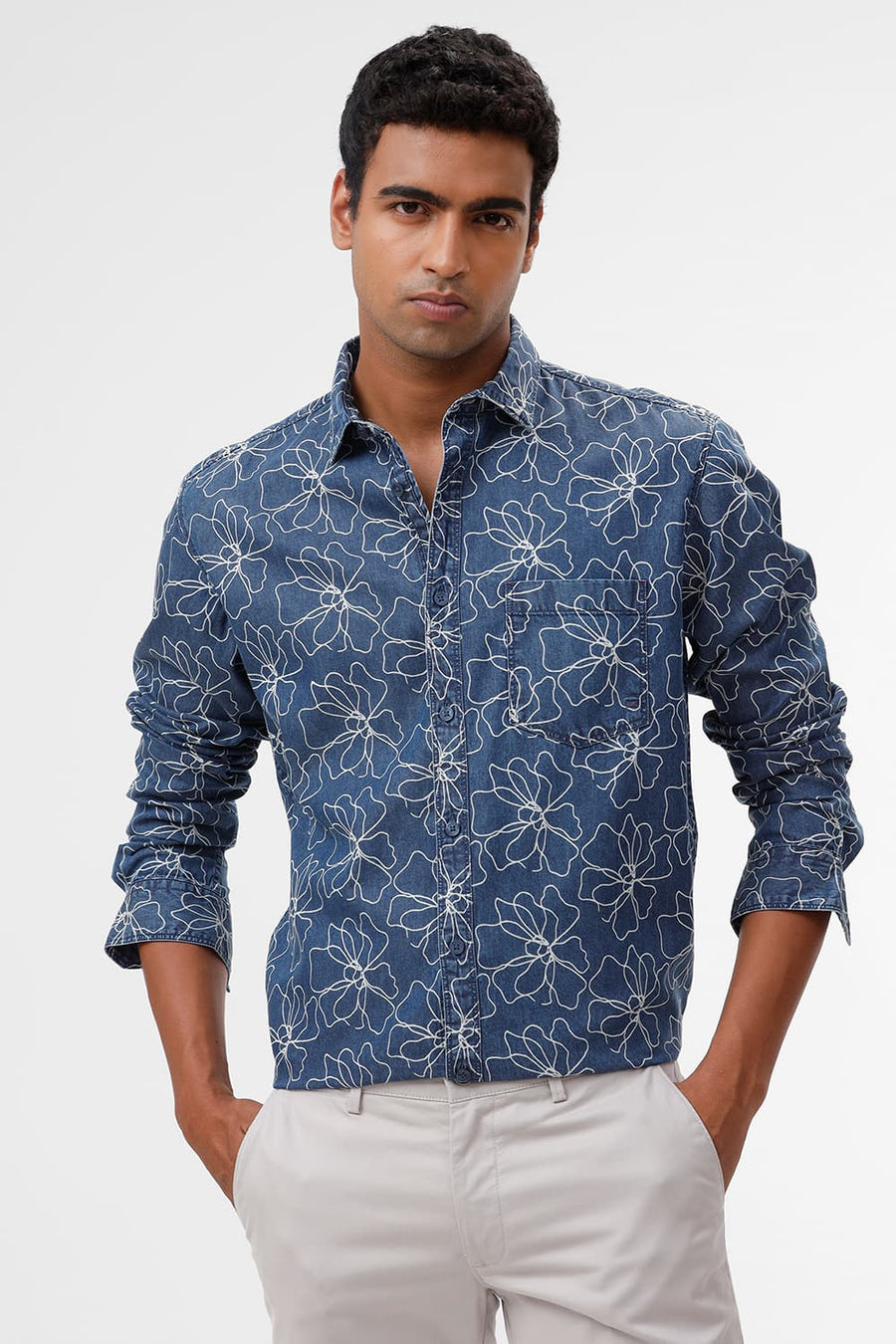 BASICS SLIM FIT BLUE SEA COTTON INDIGO PRINT SHIRT