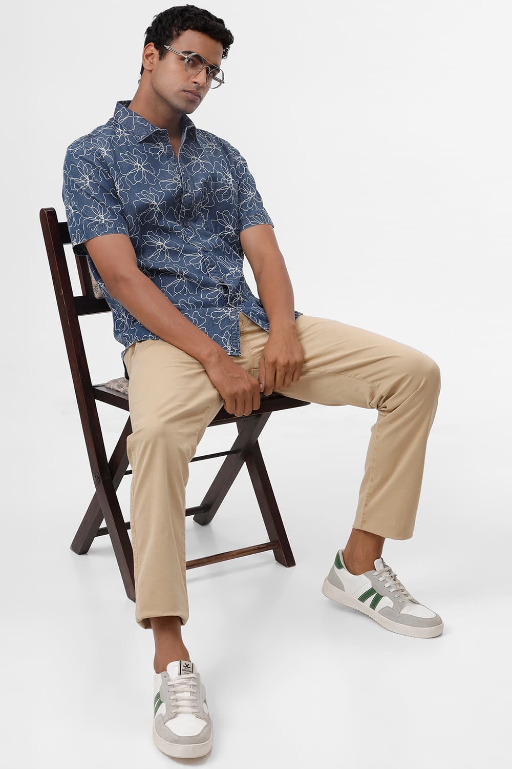 SLIM FIT COTTON INDIGO PRINT HALFSLEEVES SHIRT