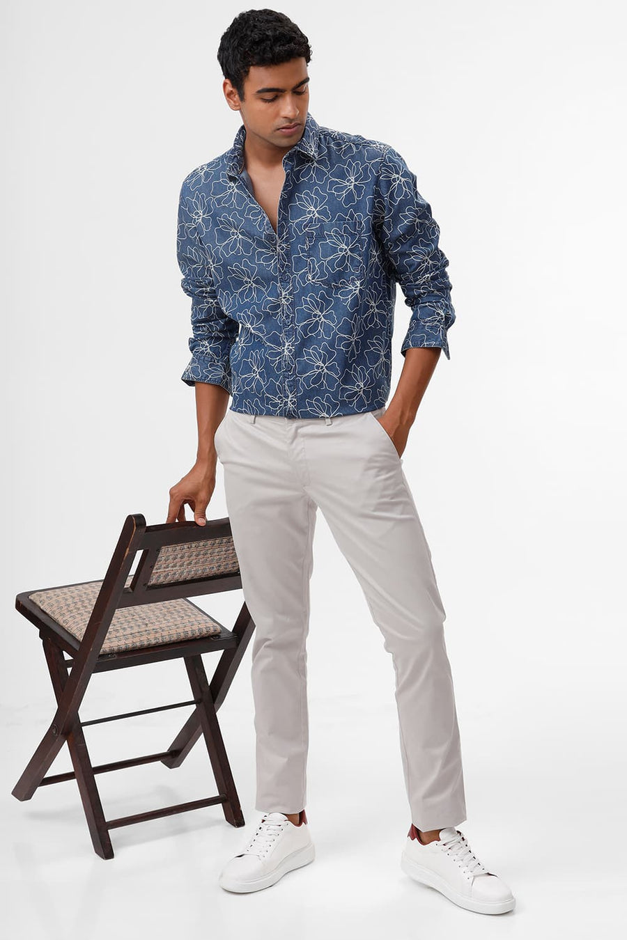 BASICS SLIM FIT BLUE SEA COTTON INDIGO PRINT SHIRT