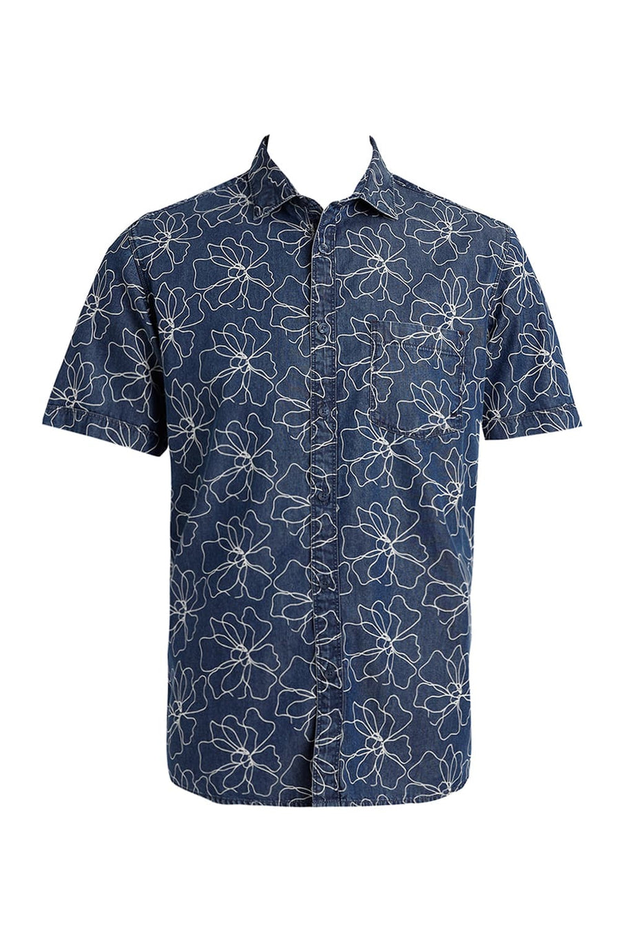 BASICS SLIM FIT BLUE SEA COTTON INDIGO PRINT HALFSLEEVES SHIRT