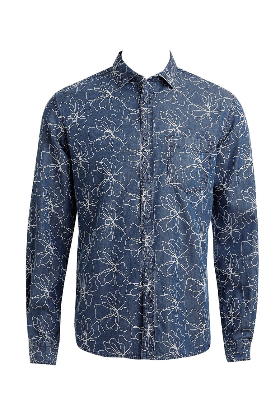 BASICS SLIM FIT BLUE SEA COTTON INDIGO PRINT SHIRT