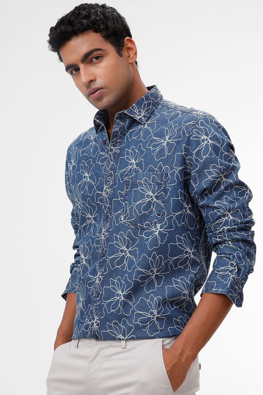 BASICS SLIM FIT BLUE SEA COTTON INDIGO PRINT SHIRT