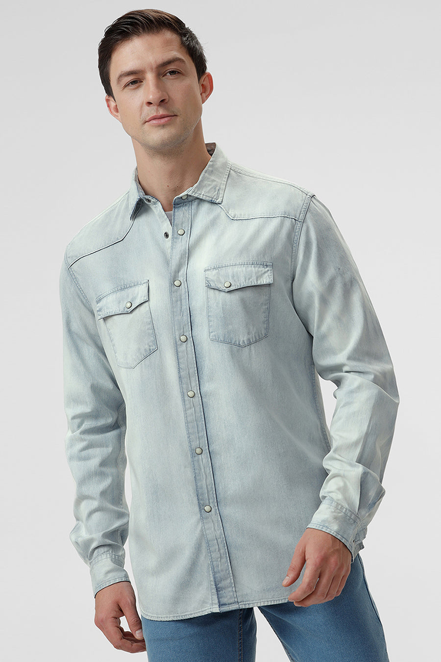 BASICS SLIM FIT ICE BLUE COTTON INDIGO SHIRT