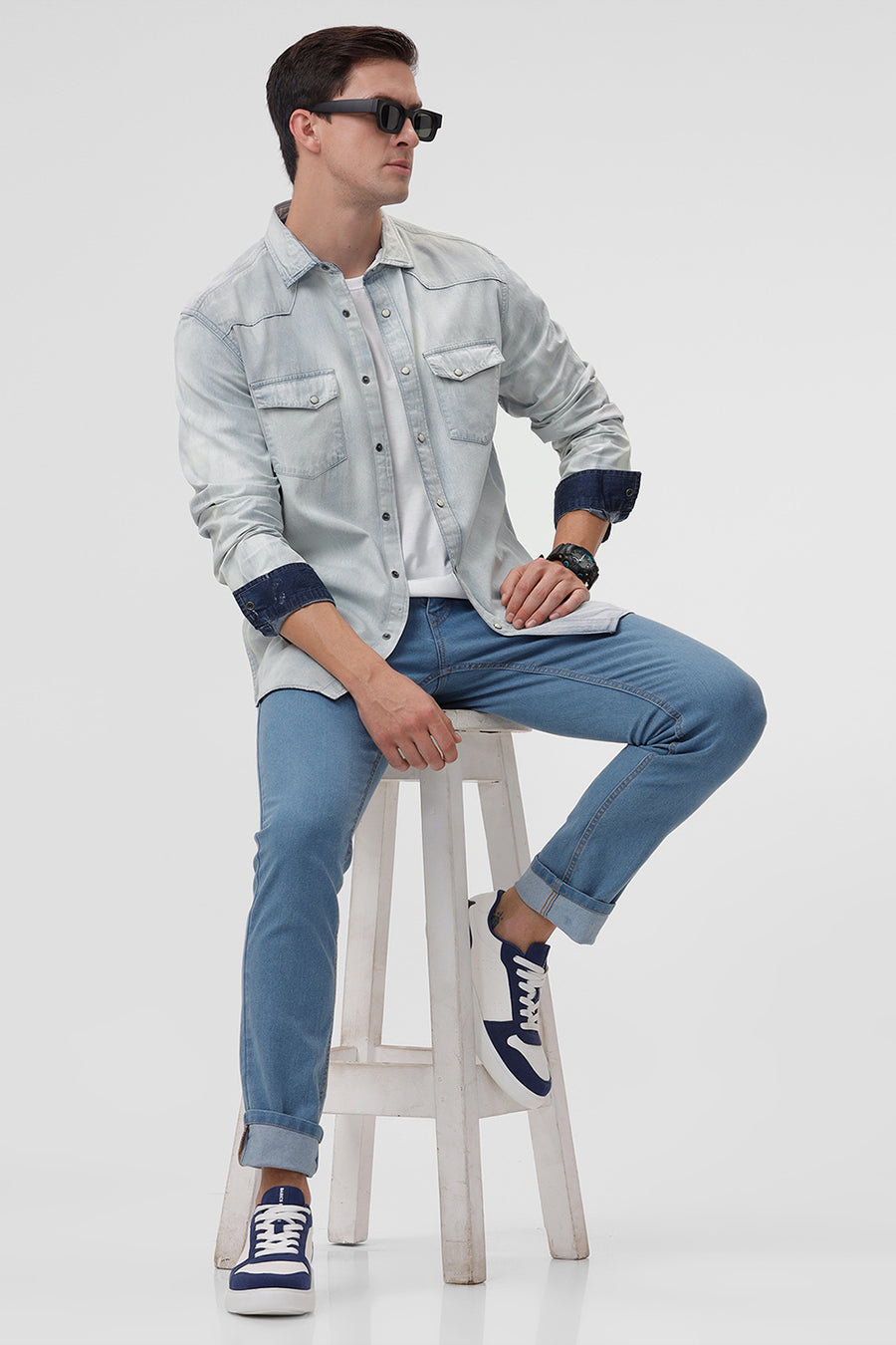 BASICS SLIM FIT ICE BLUE COTTON INDIGO SHIRT