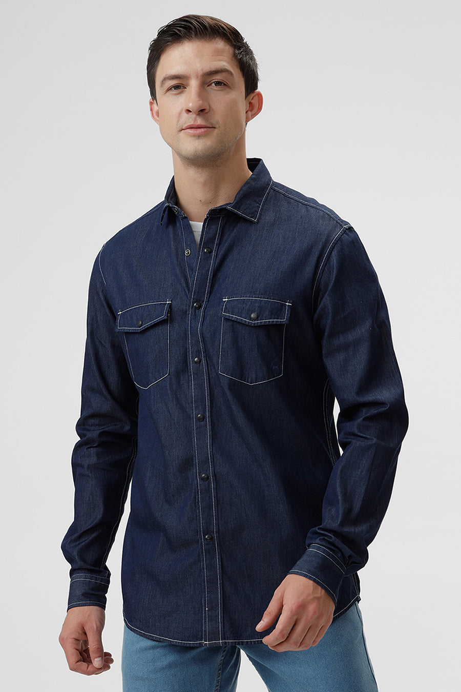 BASICS SLIM FIT INDIGO BLUE COTTON INDIGO SHIRT