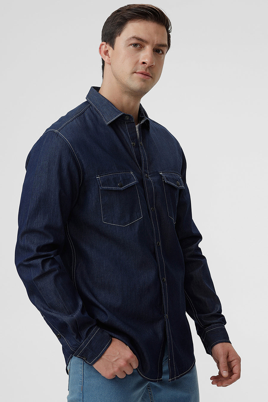BASICS SLIM FIT INDIGO BLUE COTTON INDIGO SHIRT