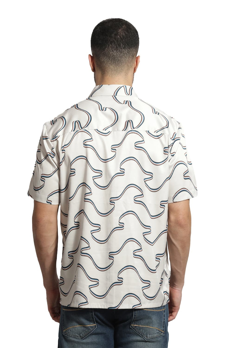 BASICS RELAXED FIT BIRCH BEIGE POLYESTER STRETCH TWILL PRINTED HALFSLEEVES SHIRT