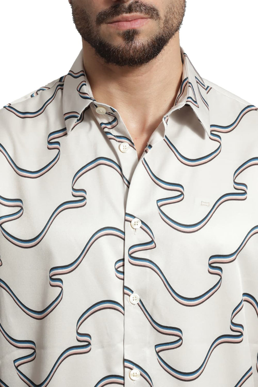 BASICS RELAXED FIT BIRCH BEIGE POLYESTER STRETCH TWILL PRINTED HALFSLEEVES SHIRT