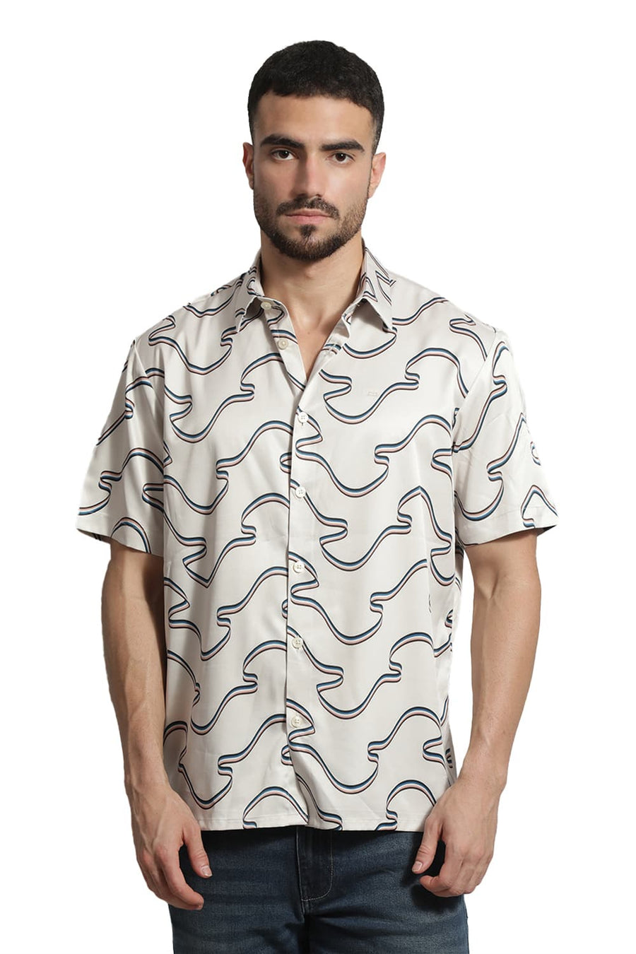 BASICS RELAXED FIT BIRCH BEIGE POLYESTER STRETCH TWILL PRINTED HALFSLEEVES SHIRT