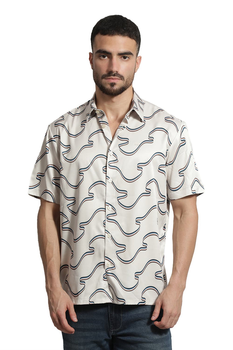 RELAXED FIT POLYESTER STRETCH TWILL PRINTED HALFSLEEVES SHIRT