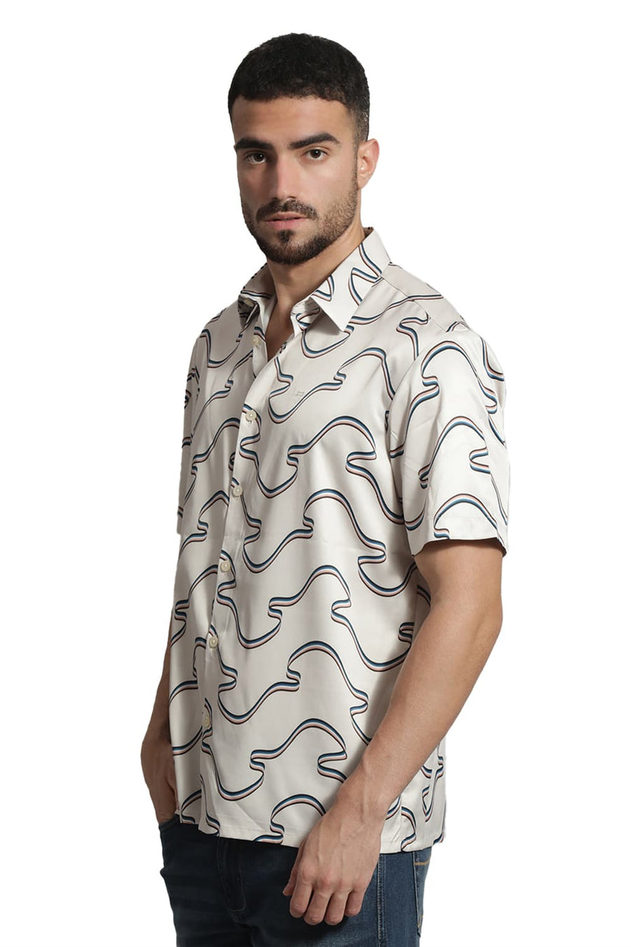 BASICS RELAXED FIT BIRCH BEIGE POLYESTER STRETCH TWILL PRINTED HALFSLEEVES SHIRT
