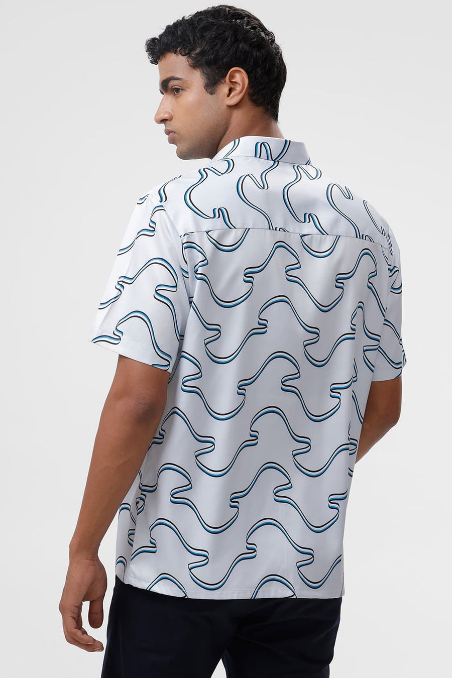 BASICS RELAXED FIT PLEIN AIR BLUE POLYESTER STRETCH TWILL PRINTED HALFSLEEVES SHIRT