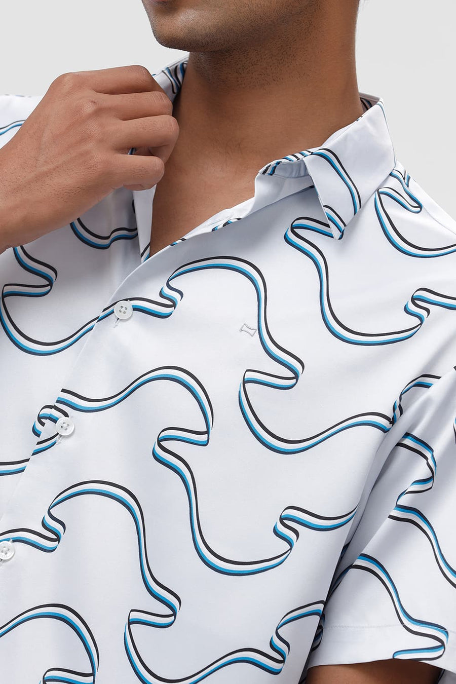 BASICS RELAXED FIT PLEIN AIR BLUE POLYESTER STRETCH TWILL PRINTED HALFSLEEVES SHIRT