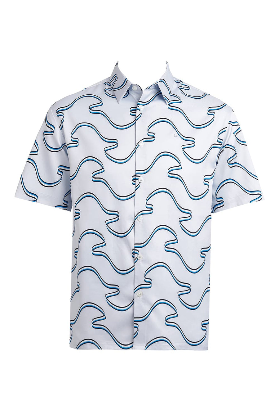 BASICS RELAXED FIT PLEIN AIR BLUE POLYESTER STRETCH TWILL PRINTED HALFSLEEVES SHIRT