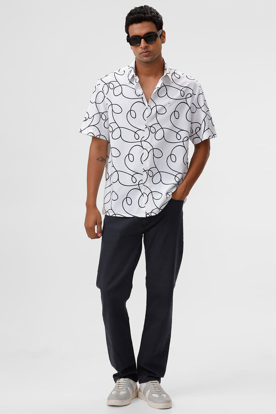 BASICS RELAXED FIT LUCENT WHITE POLYESTER PRINTED HALFSLEEVES SHIRT