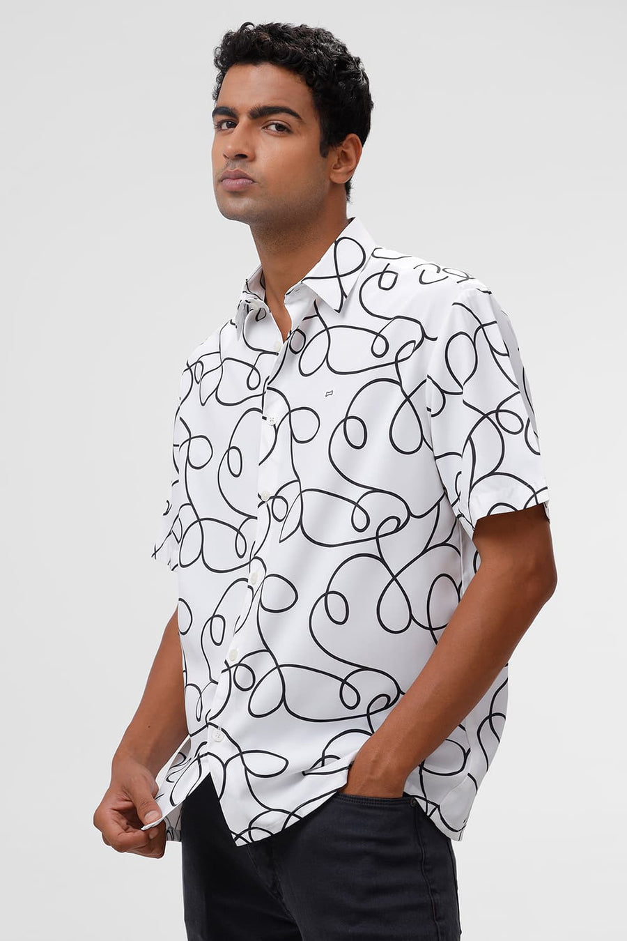 BASICS RELAXED FIT LUCENT WHITE POLYESTER PRINTED HALFSLEEVES SHIRT