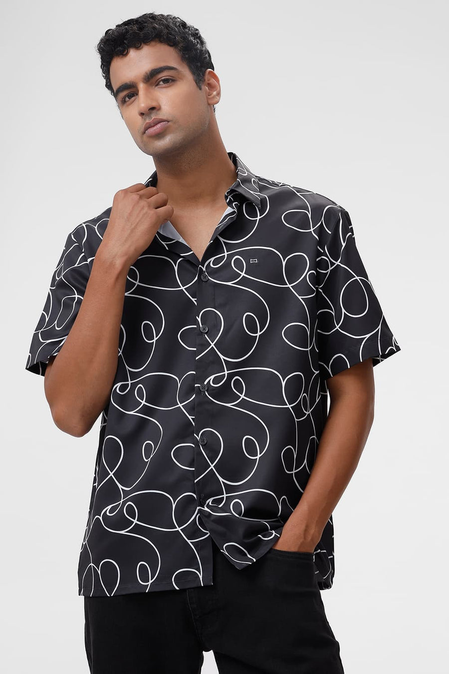 BASICS RELAXED FIT BLACK SHOE POLYESTER PRINTED HALFSLEEVES SHIRT