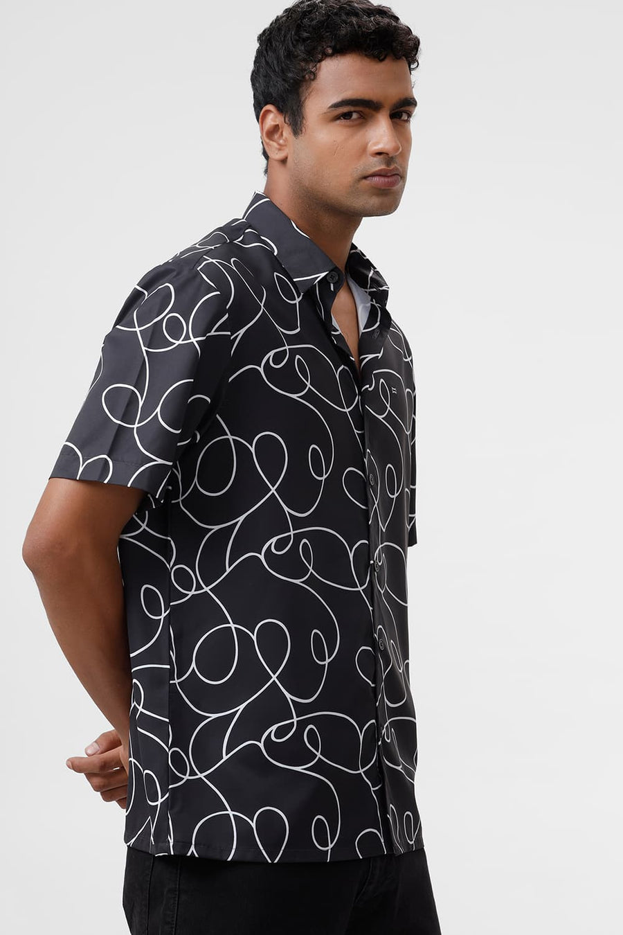 BASICS RELAXED FIT BLACK SHOE POLYESTER PRINTED HALFSLEEVES SHIRT