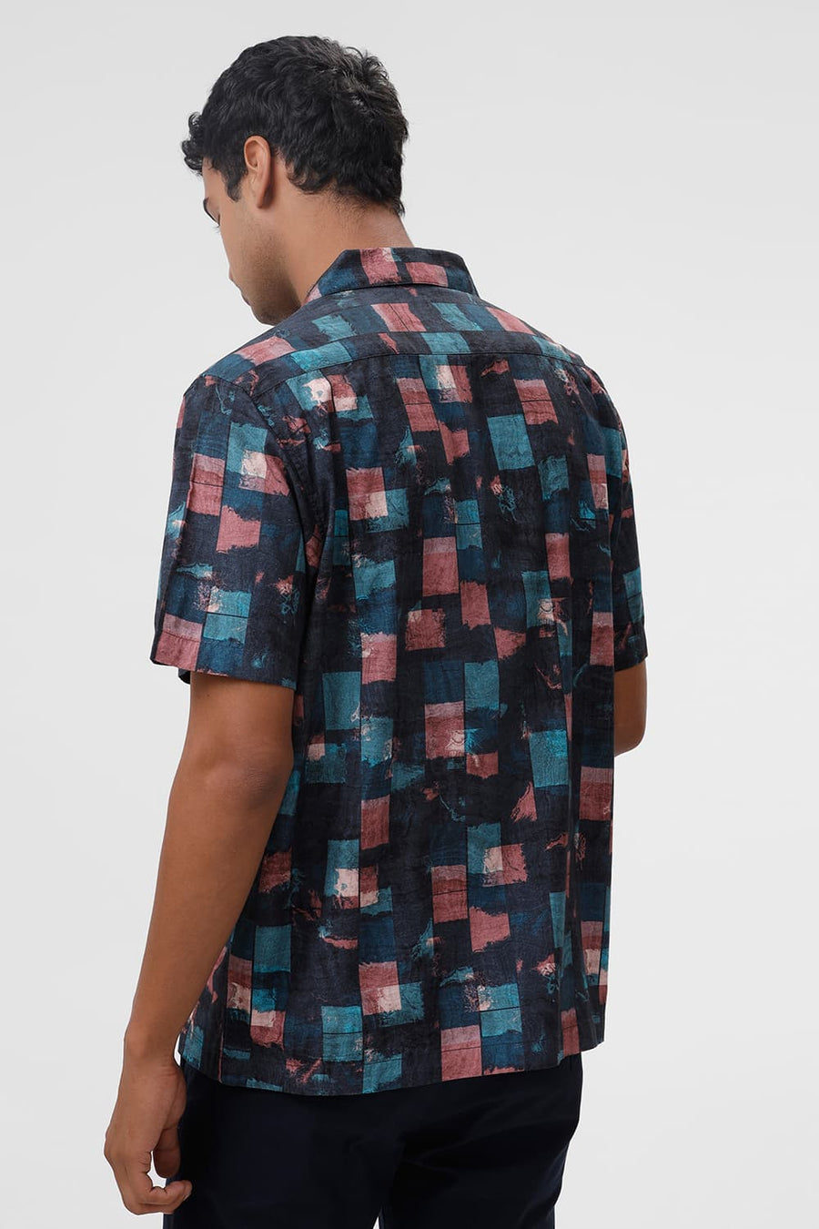 BASICS RELAXED FIT TEAL TIDE COTTON VISCOSE DIGITAL PRINTED HALFSLEEVES SHIRT