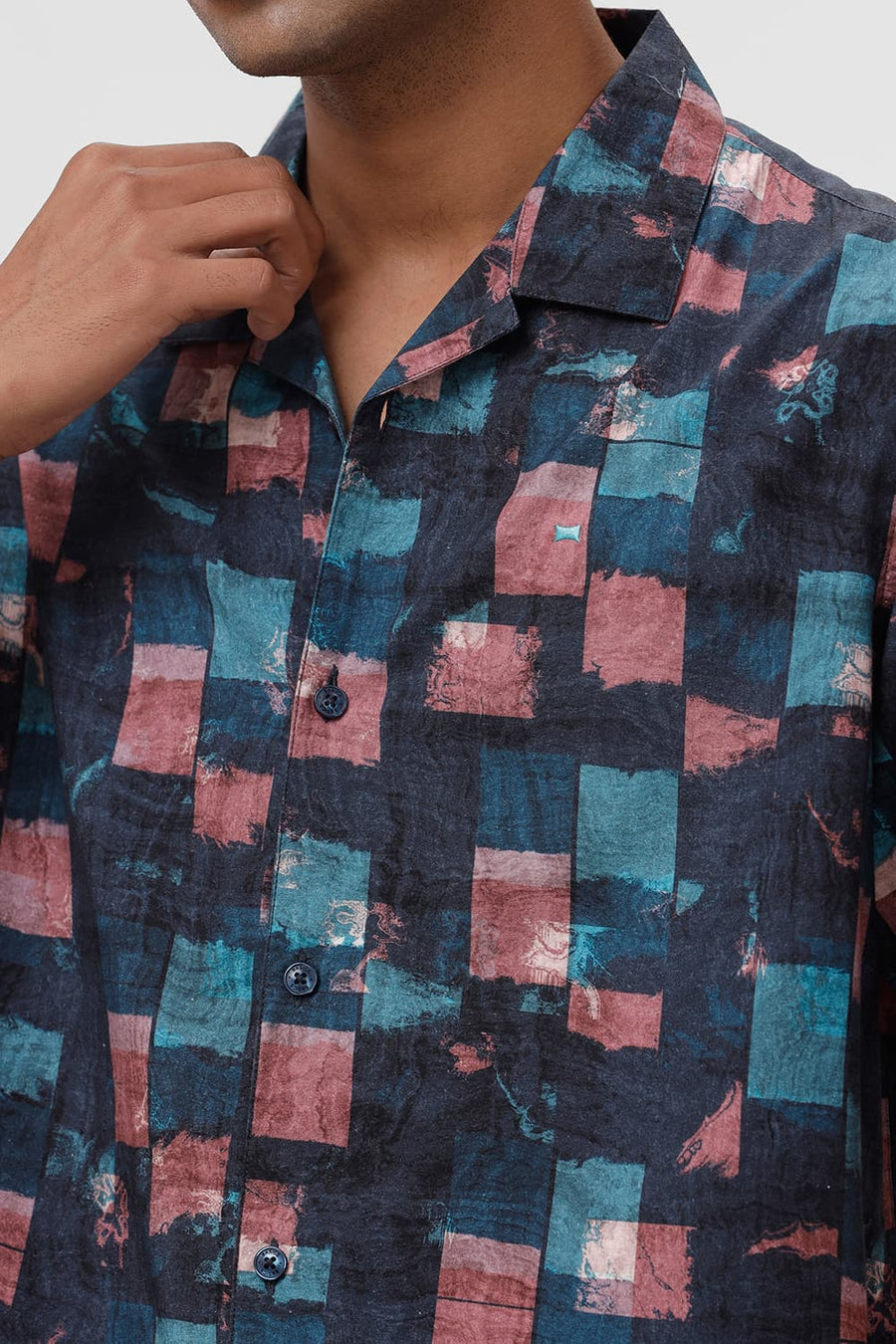 BASICS RELAXED FIT TEAL TIDE COTTON VISCOSE DIGITAL PRINTED HALFSLEEVES SHIRT