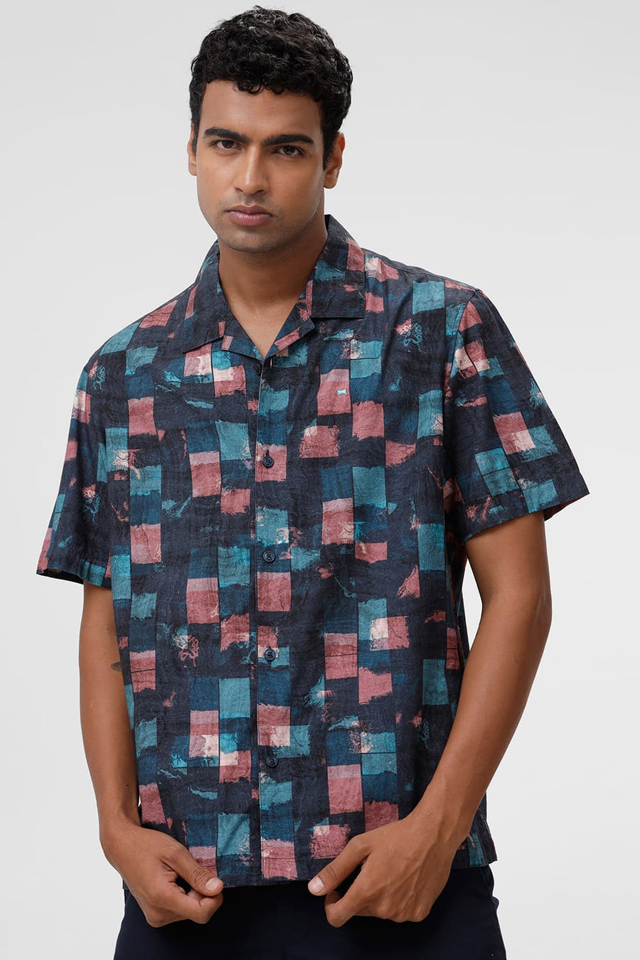 BASICS RELAXED FIT TEAL TIDE COTTON VISCOSE DIGITAL PRINTED HALFSLEEVES SHIRT