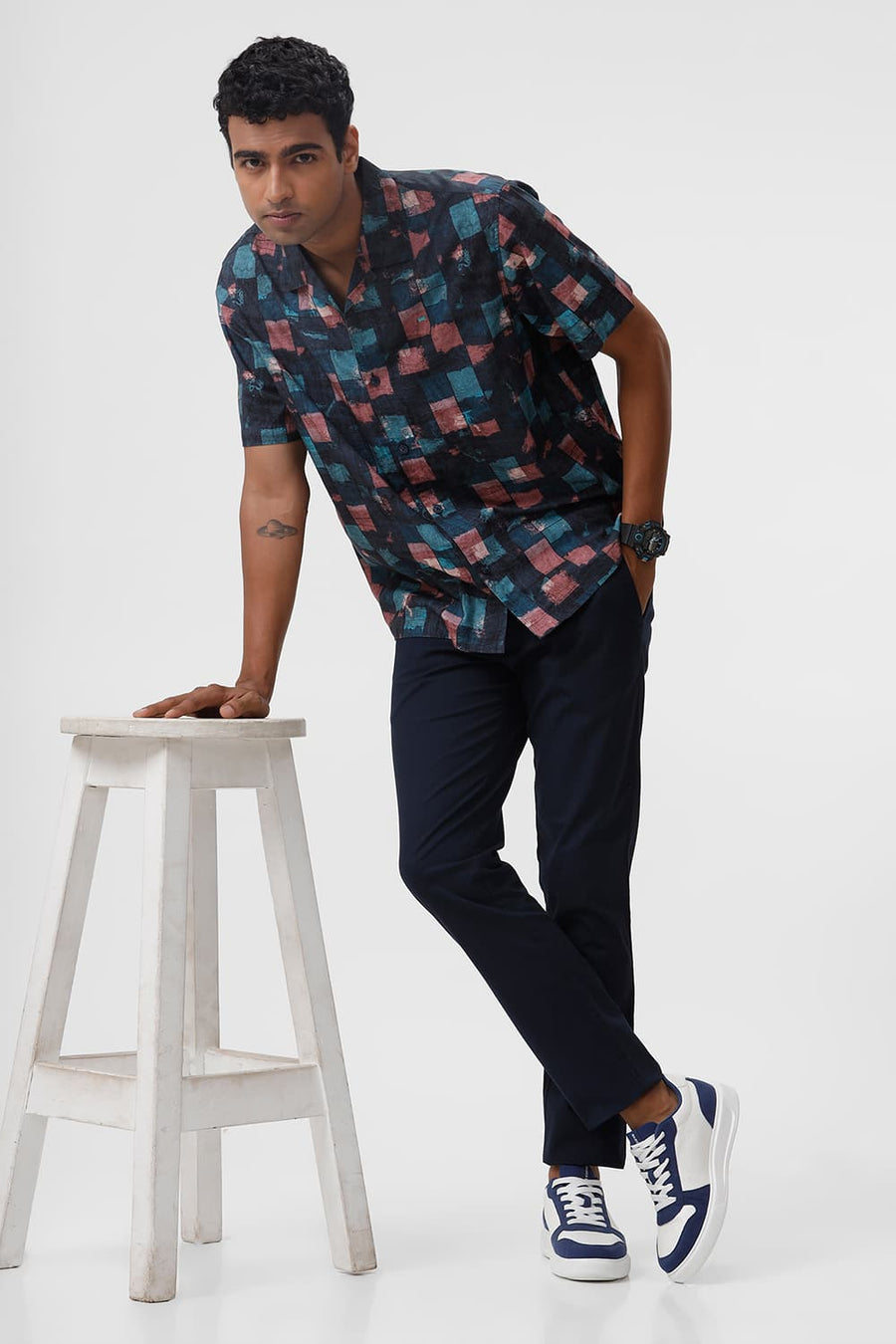 BASICS RELAXED FIT TEAL TIDE COTTON VISCOSE DIGITAL PRINTED HALFSLEEVES SHIRT