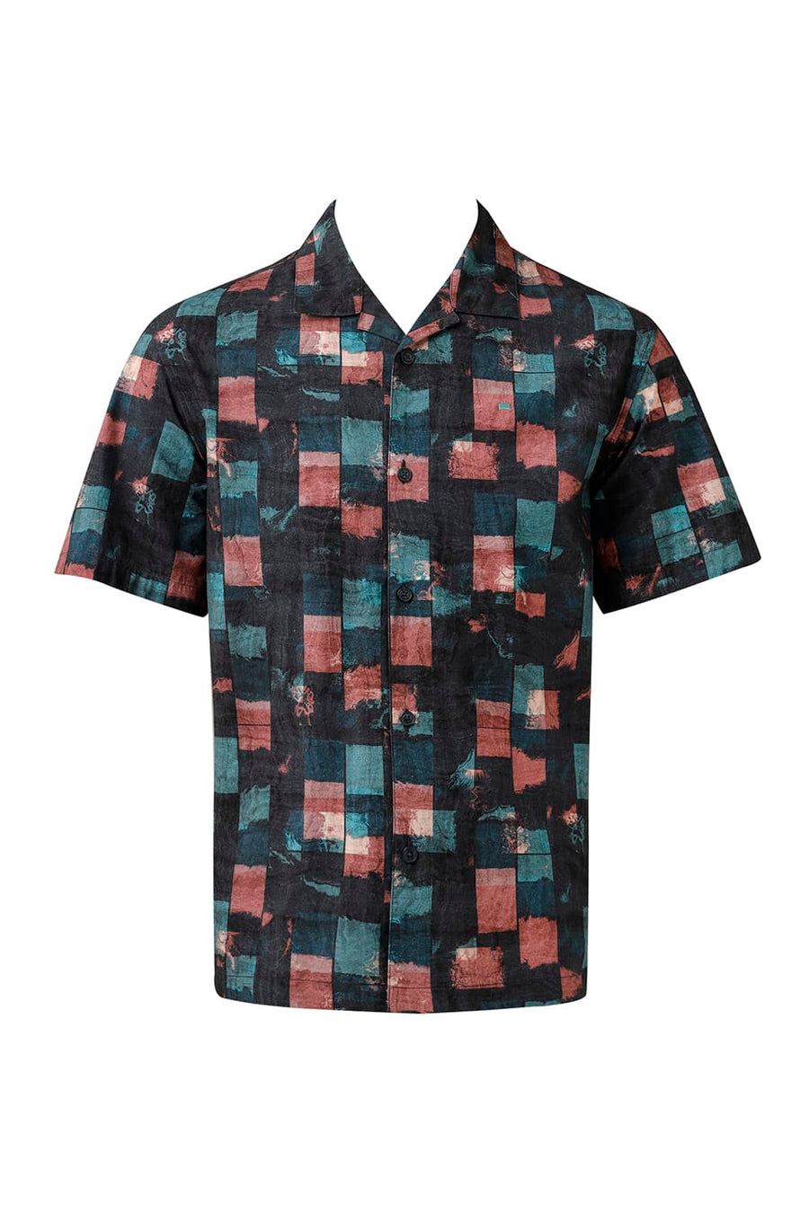 BASICS RELAXED FIT TEAL TIDE COTTON VISCOSE DIGITAL PRINTED HALFSLEEVES SHIRT