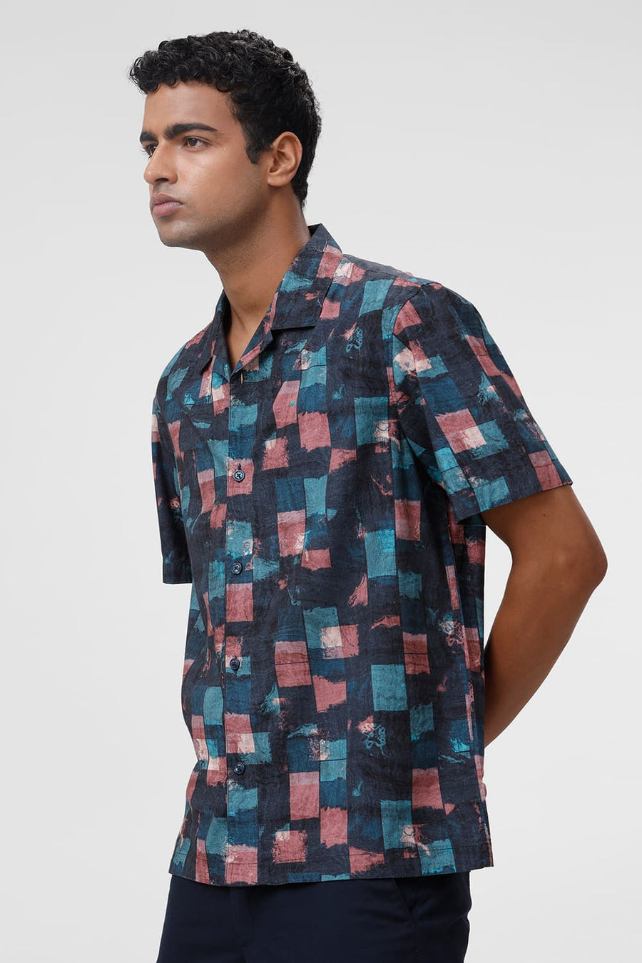 BASICS RELAXED FIT TEAL TIDE COTTON VISCOSE DIGITAL PRINTED HALFSLEEVES SHIRT