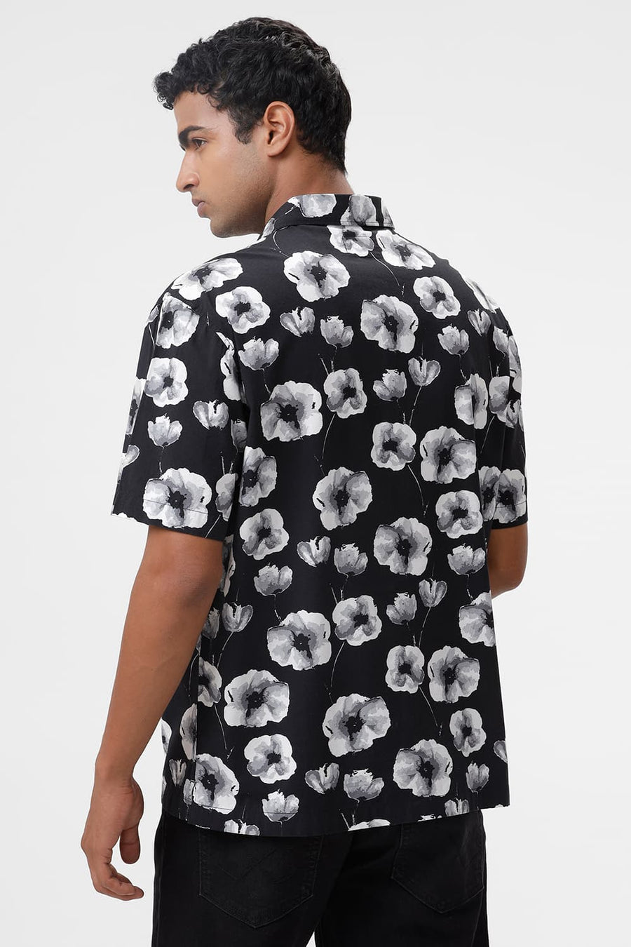 BASICS RELAXED FIT CHARCOAL BLACK COTTON VISCOSE DIGITAL PRINTED HALFSLEEVES SHIRT