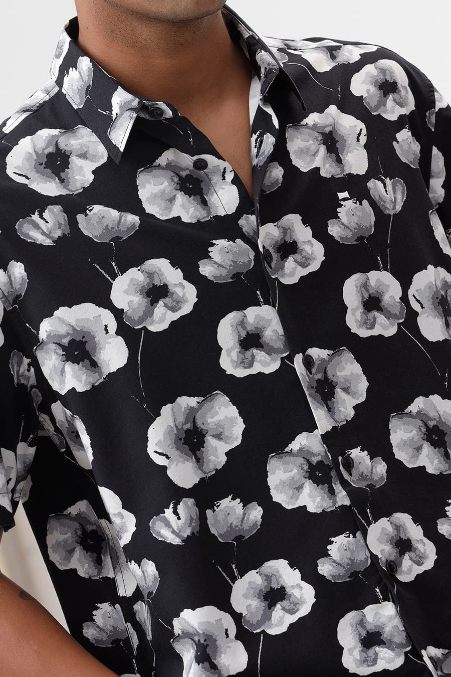 BASICS RELAXED FIT CHARCOAL BLACK COTTON VISCOSE DIGITAL PRINTED HALFSLEEVES SHIRT
