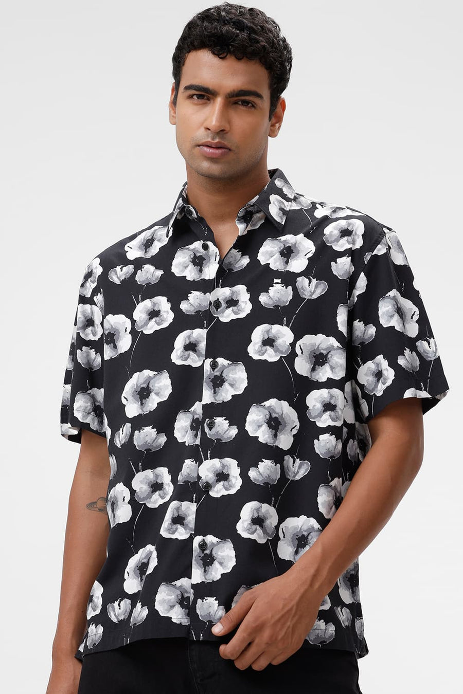 BASICS RELAXED FIT CHARCOAL BLACK COTTON VISCOSE DIGITAL PRINTED HALFSLEEVES SHIRT