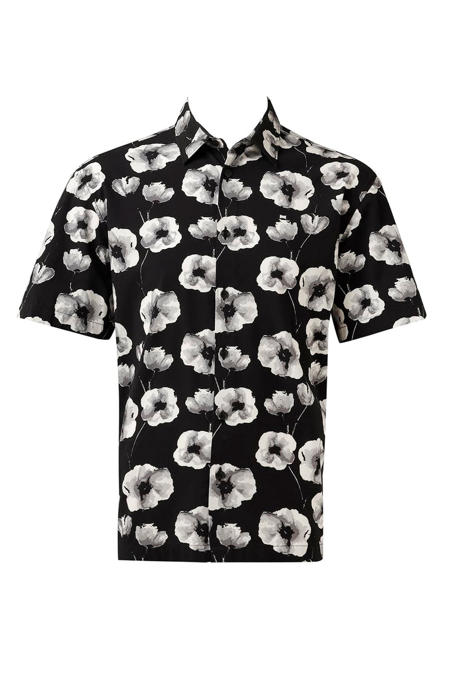 BASICS RELAXED FIT CHARCOAL BLACK COTTON VISCOSE DIGITAL PRINTED HALFSLEEVES SHIRT