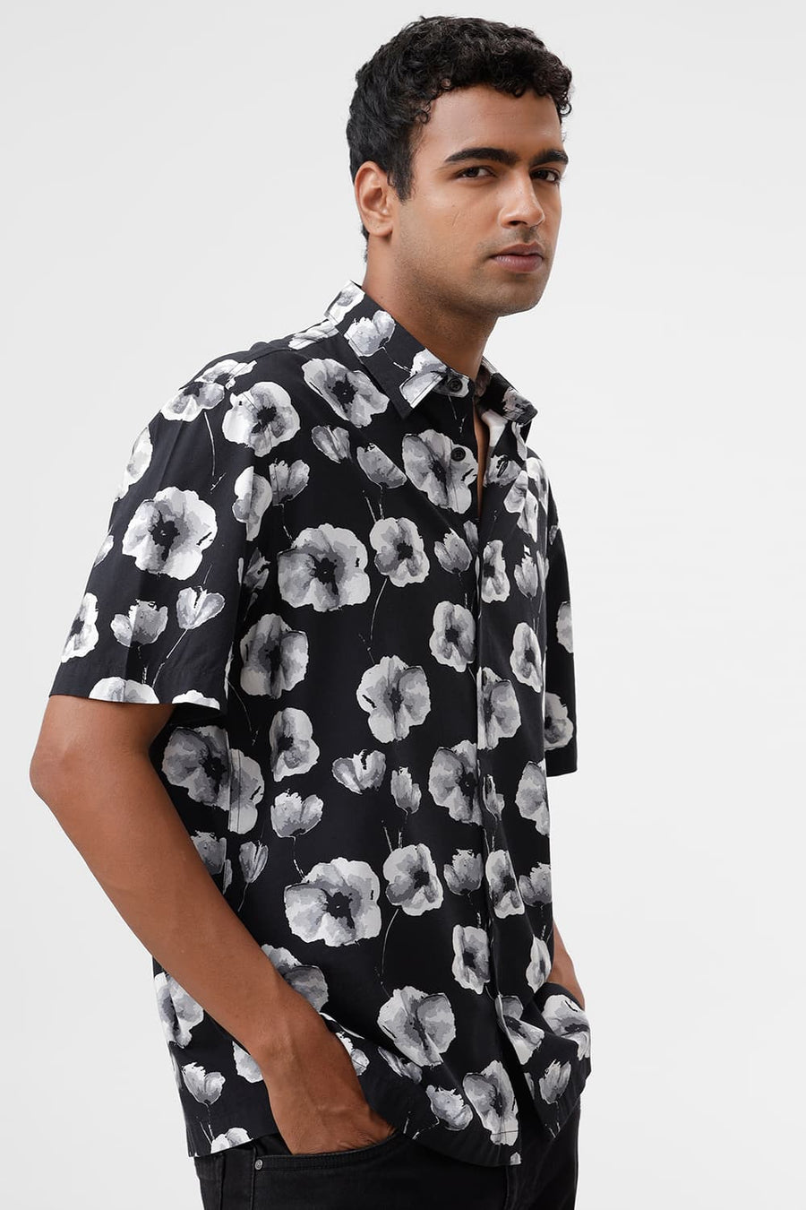 BASICS RELAXED FIT CHARCOAL BLACK COTTON VISCOSE DIGITAL PRINTED HALFSLEEVES SHIRT