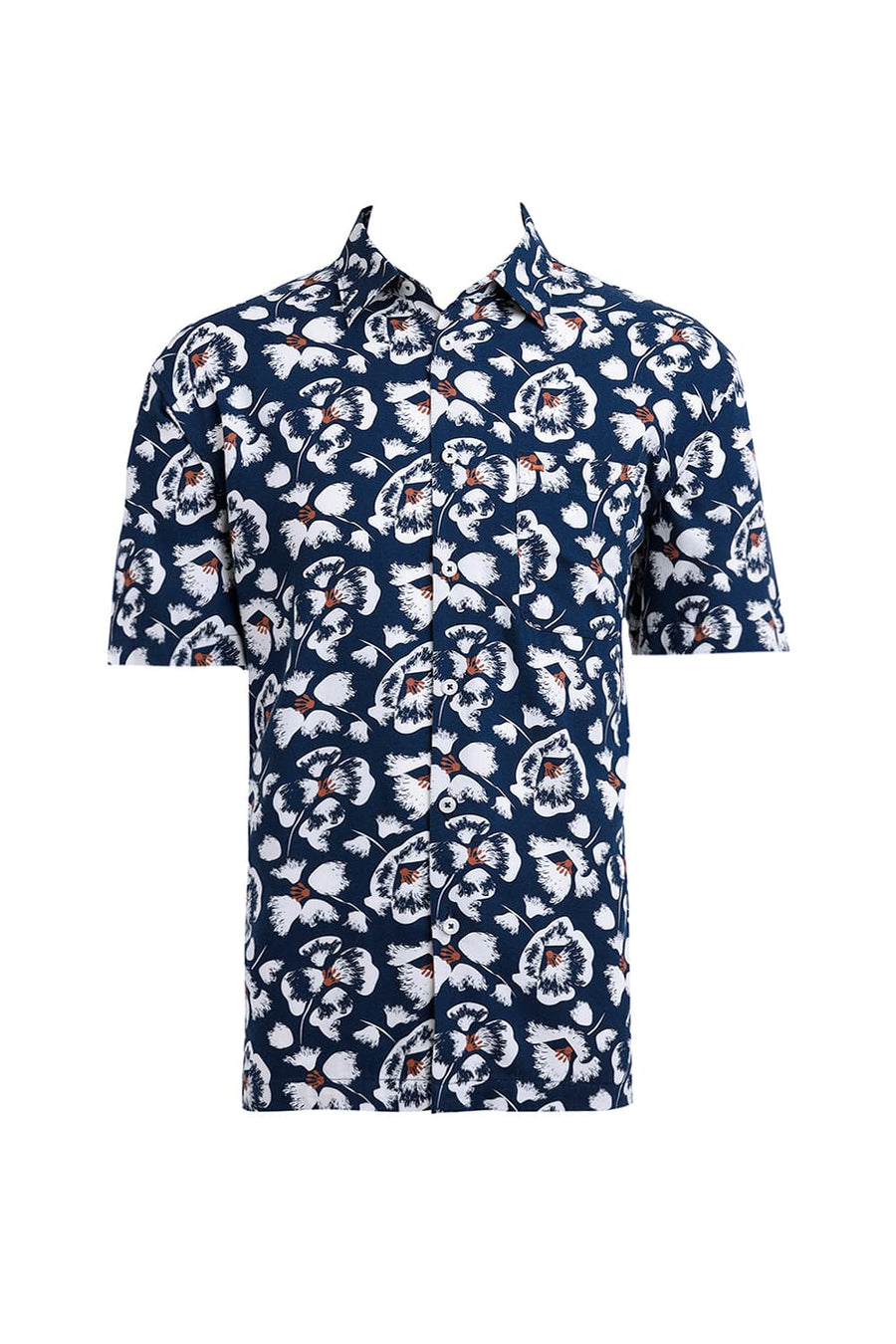 BASICS RELAXED FIT POSEIDON BLUE COTTON VISCOSE TWILL PRINTED HALFSLEEVES SHIRT