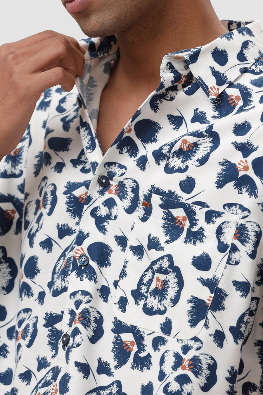 BASICS RELAXED FIT PRISTINE BEIGE COTTON VISCOSE TWILL PRINTED HALFSLEEVES SHIRT